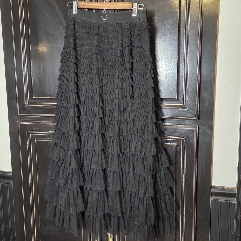 Black Tiered Ruffle Tulle Maxi Skirt, Gothic, Witchy, Dark Romantic